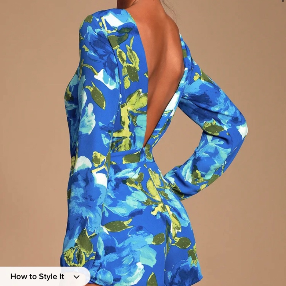 Sweetest Song Blue Floral Print Backless Long Sleeve Romper